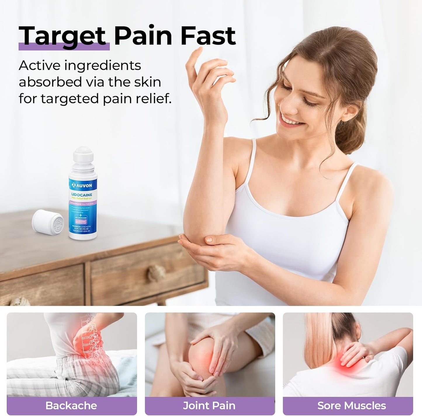 AUVON Max Strength Lidocaine Pain Relief Roll-On with Lavender Essential Oil, No Mess Applicator, Quick Absorbing to Numb & Soothe Pain Relief for Knees, Shoulders, 2.5 Oz, 2 Packs