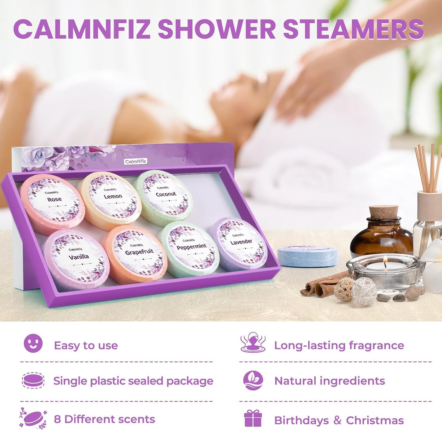 Shower Steamers 8 Pack Set Shower Bombs Tablets in Purple Box with 8 Fragrances with Shea Butter for Self-Care & Relaxation, Idea for Mothers Day Women and Men