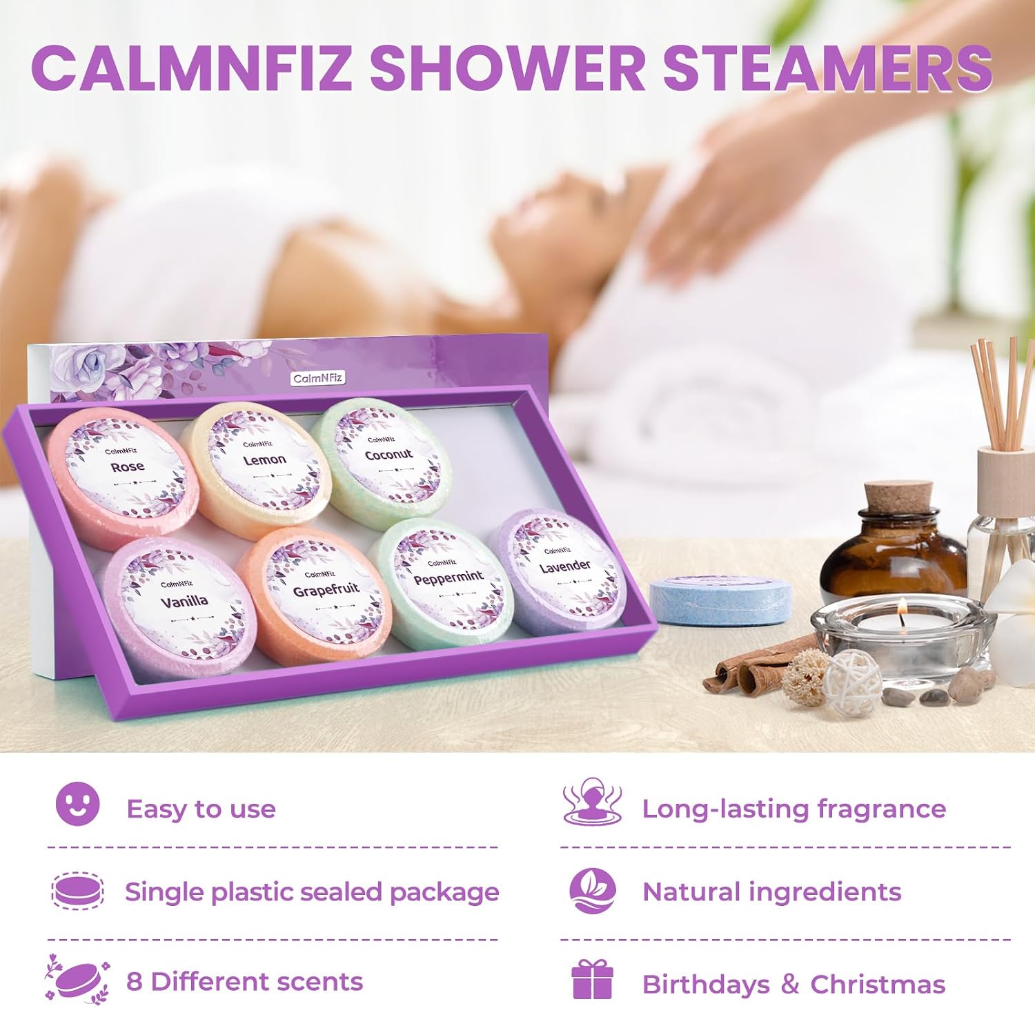 Shower Steamers 8 Pack Set Shower Bombs Tablets in Purple Box with 8 Fragrances with Shea Butter for Self-Care & Relaxation, Idea for Mothers Day Women and Men
