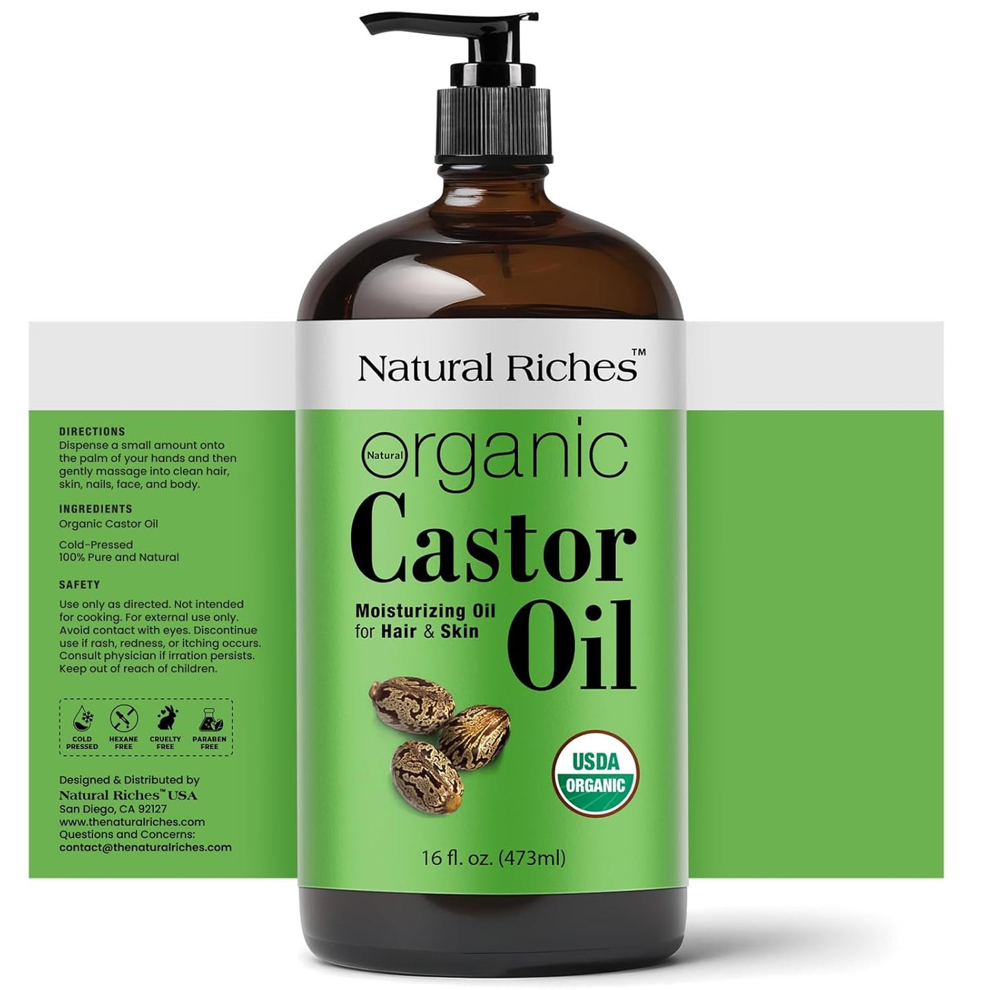 Natural Riches Organic Castor Oil Glass Bottle - USDA Certified, 100% Pure, Unrefined & Cold Pressed – Soothes Dry Skin, Scalp - For Hair Growth & Thicker Eyelashes, Eyebrows – 16 fl oz
