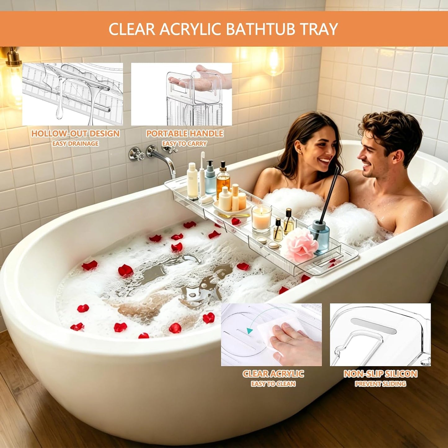 Expandable Bathtub Tray Caddy,Clear Acrylic Bath Tray for Tub,Bath Tub Table Tray with Book&Tablet&Phone Holder,Foldable Bath Shelf Over Tub,Bath Accessories&Bathtub Organizer for Luxury Home Spa