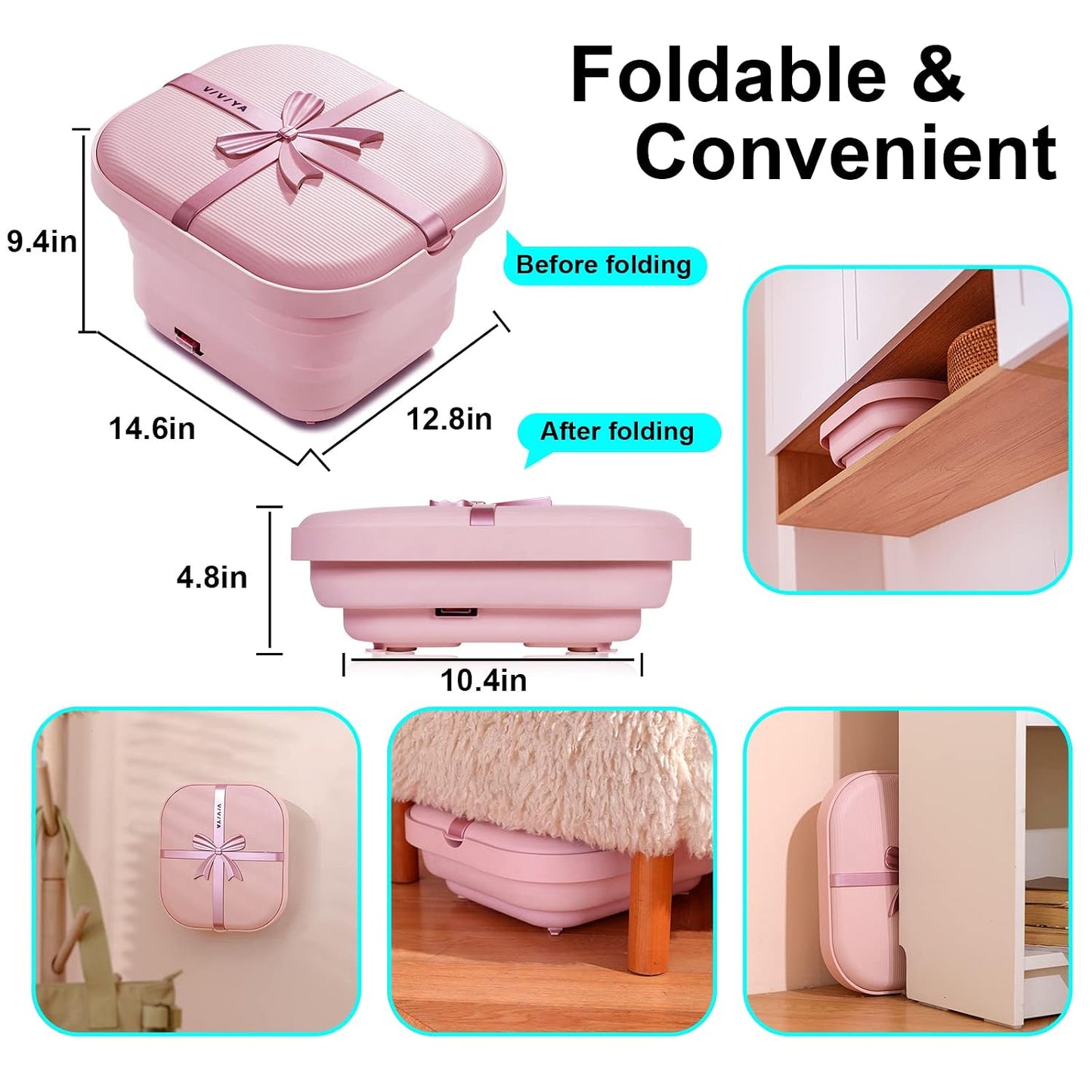 VIVIYA Collapsible Foot Bath Spa with heat and Massage Rollers, Foldable Foot Soak Tub with Bubbles Jets and LED light, Pedicure Foot Spa Massager with Foot Scrubber for Home Use (Pink)