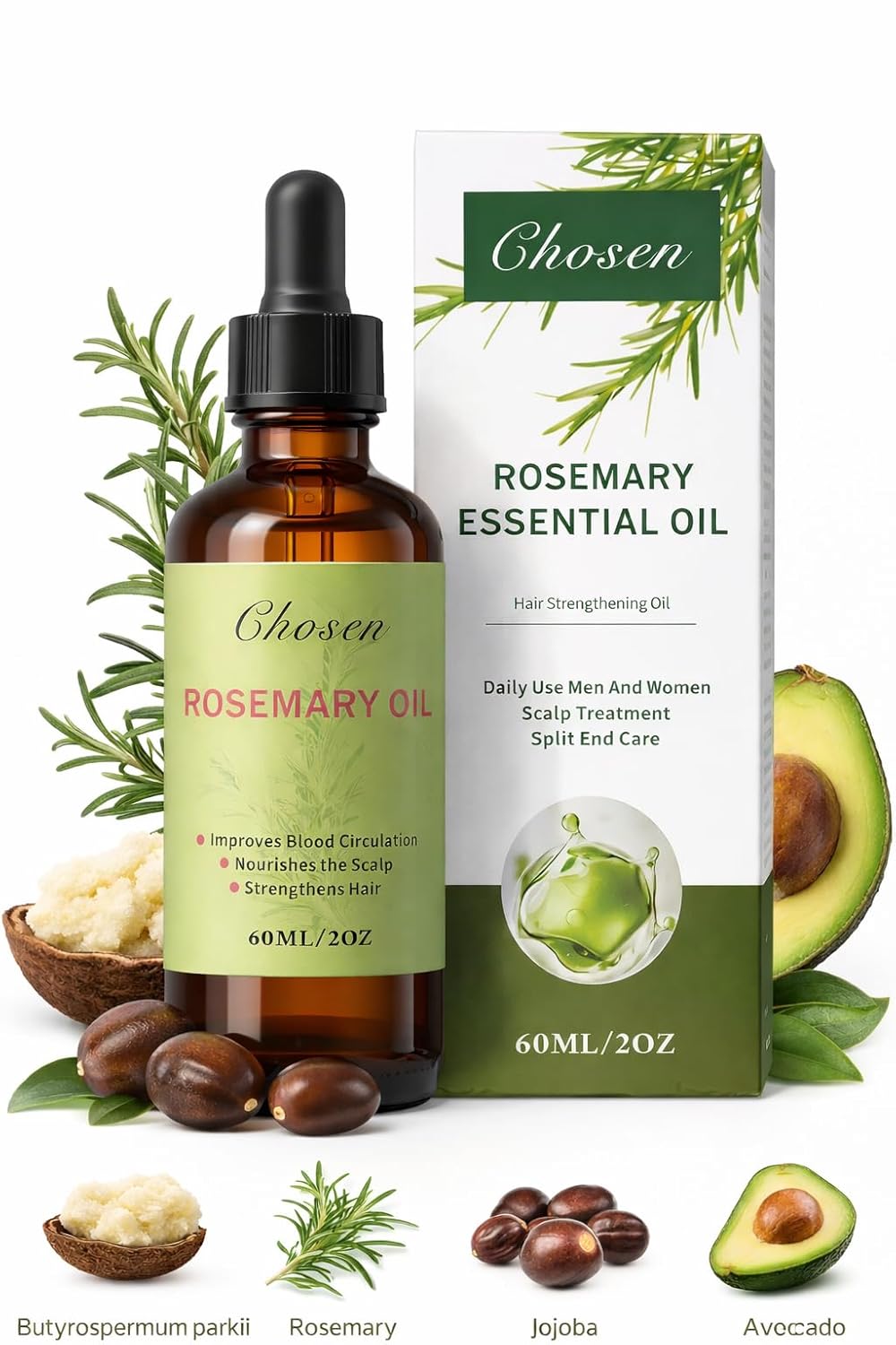 Chosen Hair Oil, Rosemary Essential oil & Mint Hair Oil, Split Ends & Dry Scalp Treatment - Made with Rice Bran &Essential Oils for strengthening, Moisturizing & Encouraging Healthier Hair