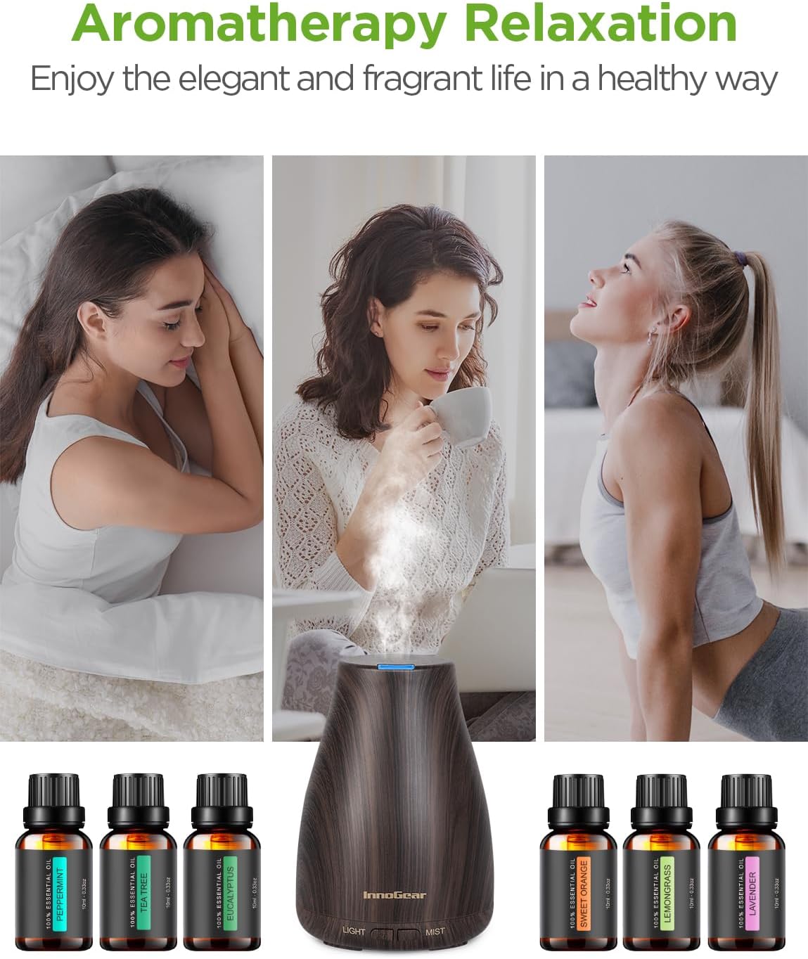 InnoGear Essential Oil Diffuser with Oils, 100ml Aromatherapy Diffuser with 6 Essential Oils Set, Aroma Cool Mist Humidifier Gift Set, Dark Wood Grain