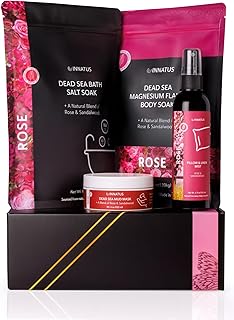 Luxury Dead Sea Spa Gift Set – Bath Salt, Magnesium Flakes, Pillow & Linen Spray, and Mud Mask – Rose & Sandalwood Aromatherapy Kit for Relaxation, Hydration & Skincare – Perfect Self-Care Gift