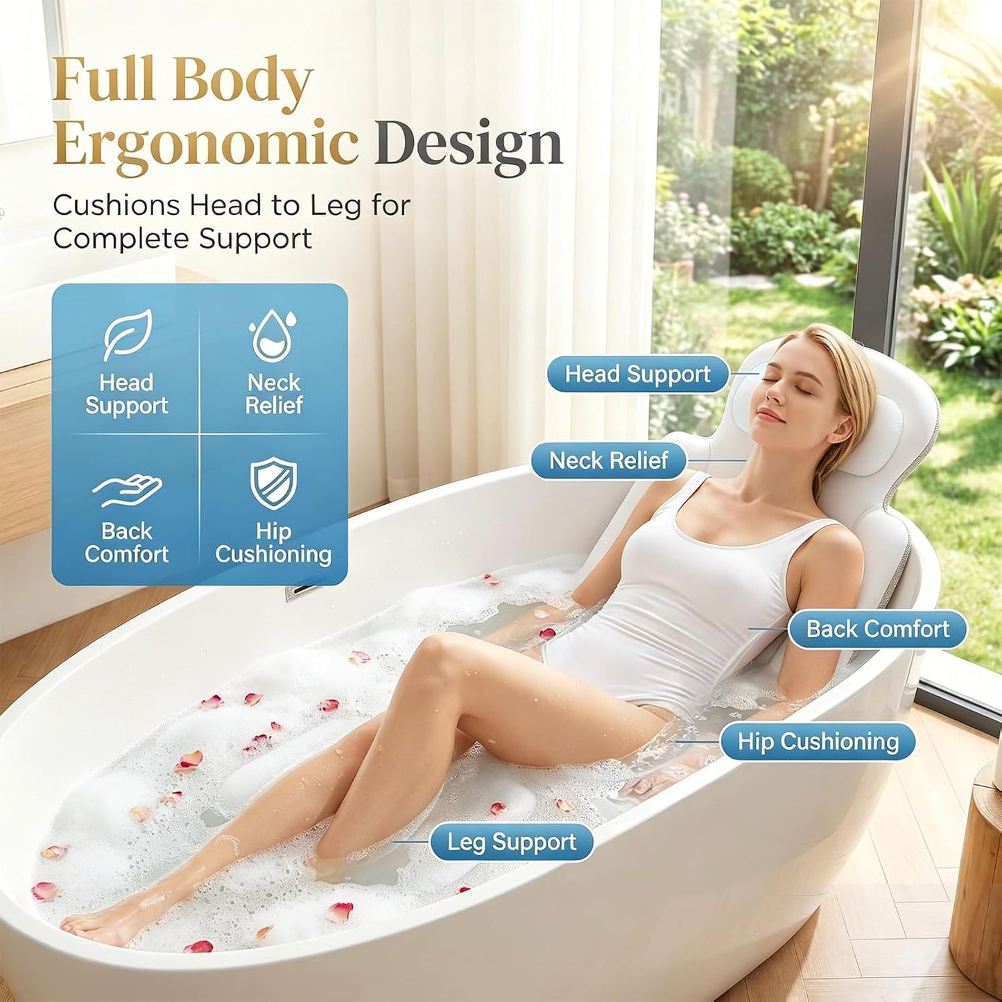 Full Body Bath Pillow, Luxury Bath Cushion with 192 Suction Cups, Bath Pillows for Tub for Head and Neck Support, with Laundry Bag White, 51" x 16"