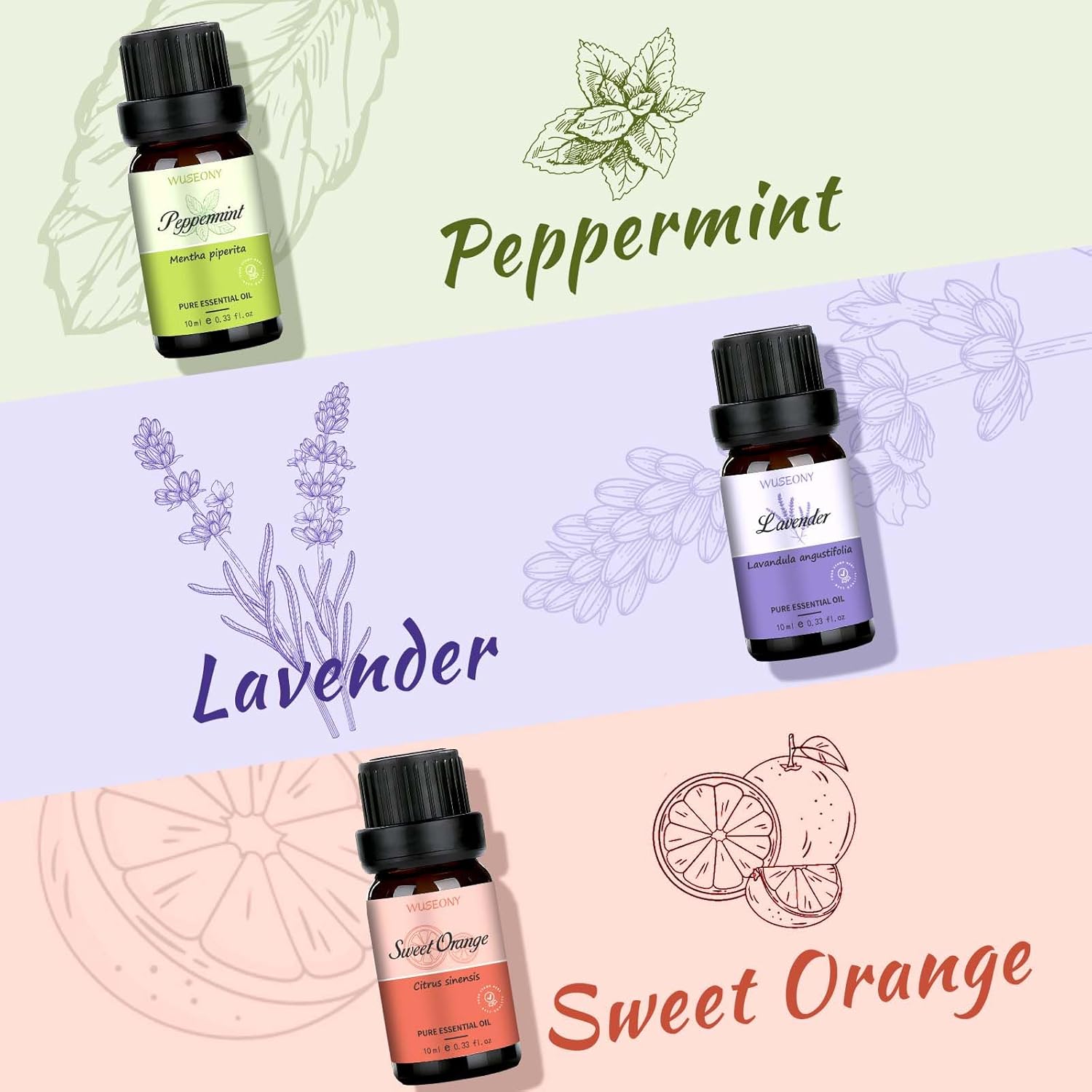WUSEONY Top 6 Natural Aromatherapy Oils Gift Set, Essential Oils for Diffusers Home, Fragrance Oil Scent for Candle Soap Making - Lavender, Peppermint, Eucalyptus, Lemongrass, Sweet Orange, Clove