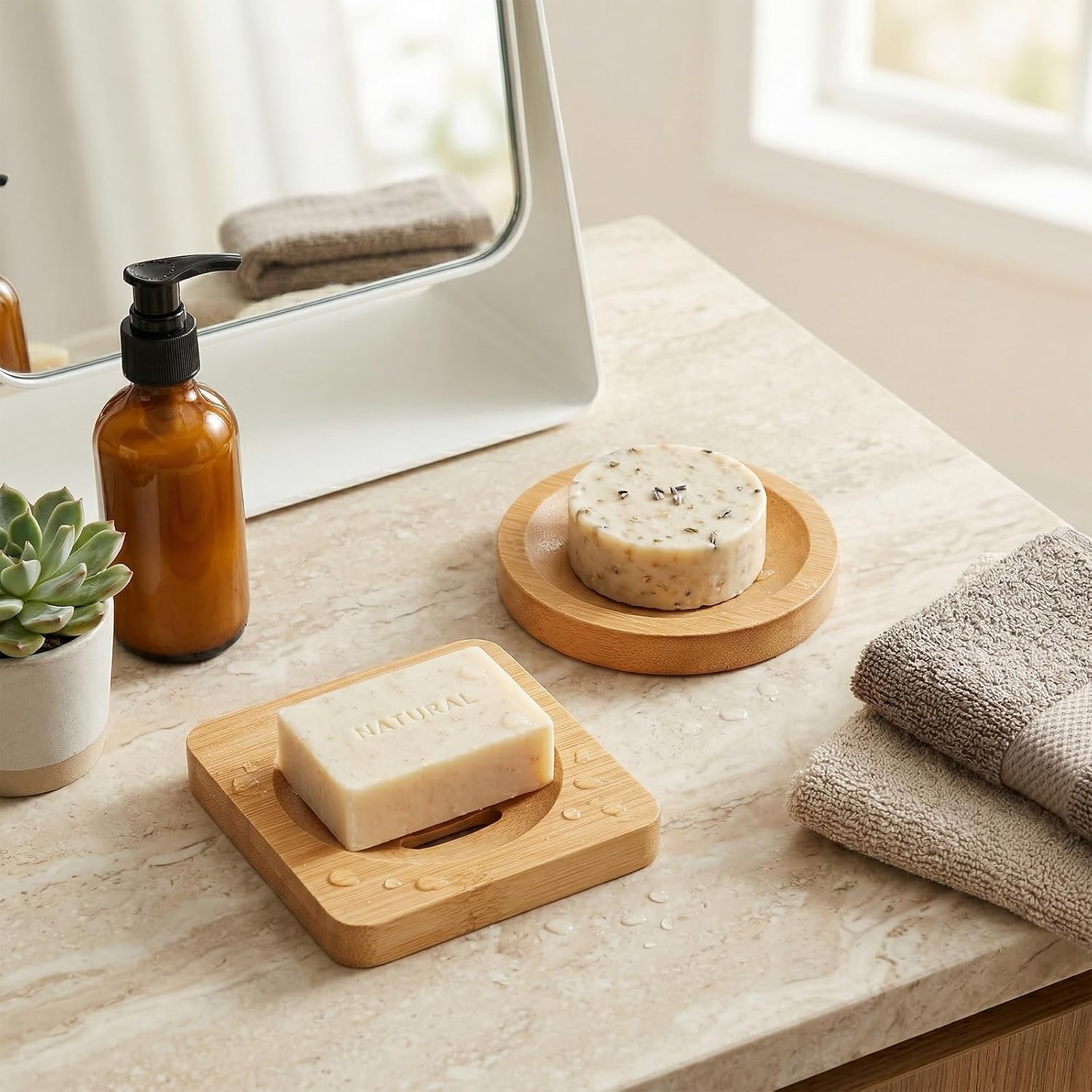 2 Pcs Shower Steamer Holder, Bamboo Soap Dish, Bamboo Soap Holder Wooden Soap Dishes for Shower, Bar Soap Holder with Self Draining Tray for Kitchen Bathroom Accessories(Round and Square)