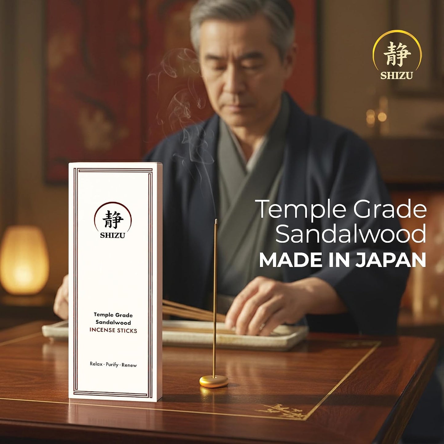 Shizu Sandalwood Incense Sticks – Artisanal Temple Grade Japanese Incense with Brass Holder – Subtle, Calming Scent for Relaxation, Meditation & Home Spa, Elegant Gift Set (60 Sticks)
