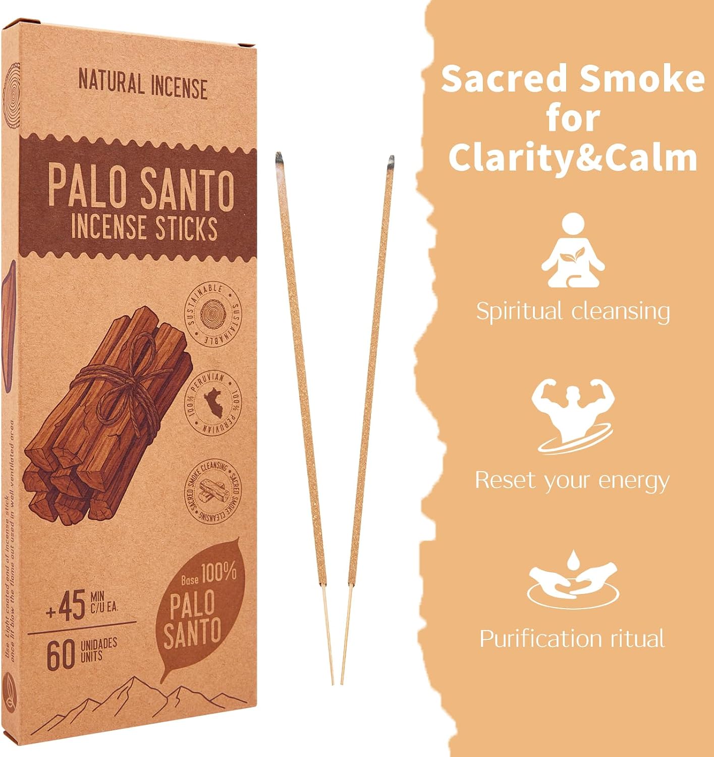 Palo Santo Incense Sticks - Total 60 Insence-Sticks - Natural Scent for Meditation & Space Cleansing
