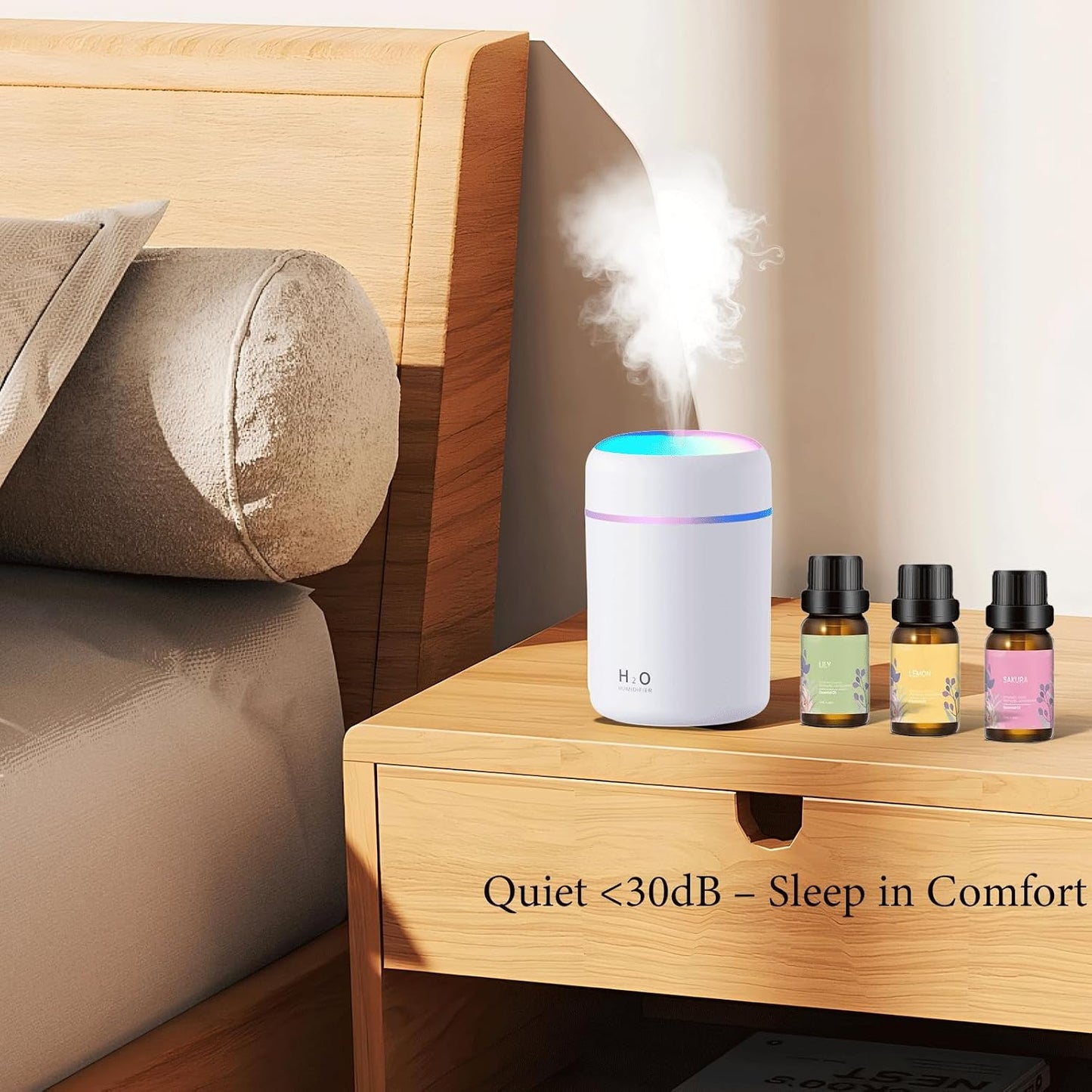 USB Essential Oil Diffuser with 6 Oils, Portable Ultrasonic Aromatherapy Diffuser for Home & Car, Cool Mist, 7-Color LED Night Light, Auto Shut-Off, One-Button Control,3 Colors (White)