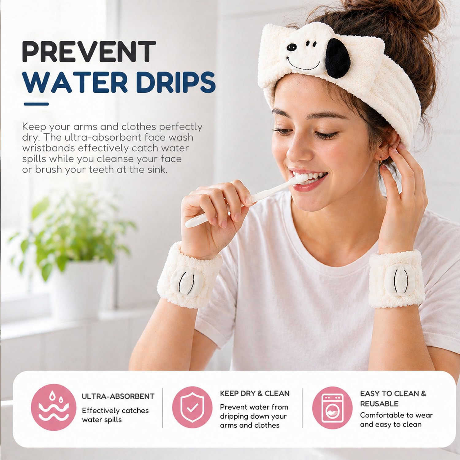 CELAVI Peanuts Snoopy Spa Headband and Face Wash Wristbands Set - Soft Skincare Makeup Hair Band, Microfiber Fleece, White