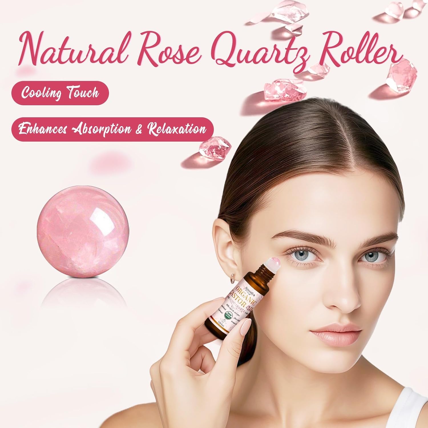 Organic Castor Oil with Real Rose Quartz Roll-On, 2 Pack for Face & Eyes — Lash & Brow Growth, Under Eye Care, Skin Moisturizing, Cold-Pressed, Hexane-Free, Beauty Self-Care Gifts for Women