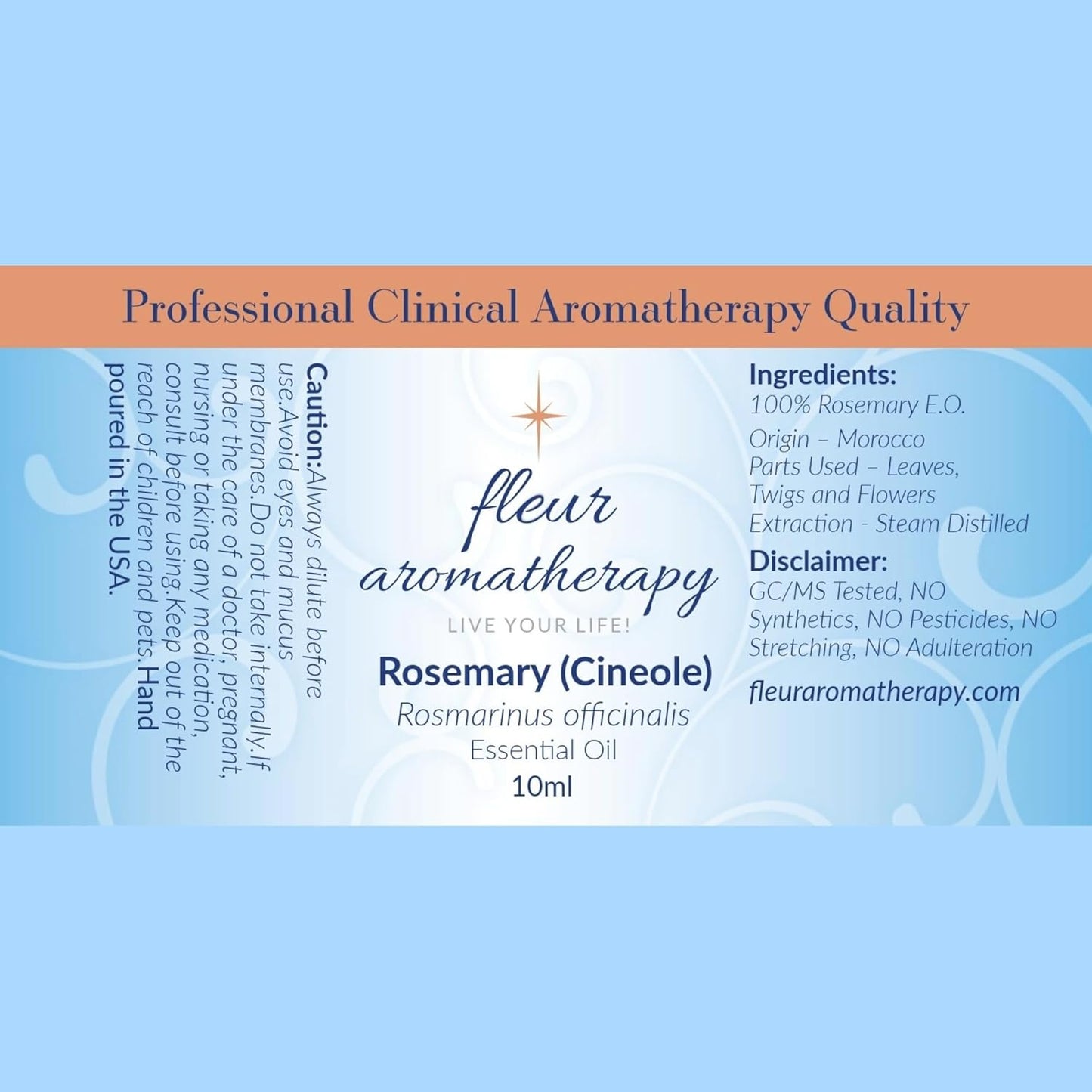 Rosemary (Cineole) Essential Oil 10ml – 100% Pure Rosmarinus officinalis – Steam Distilled – GC/MS Tested – Fresh, Herbaceous Aroma – Professional Clinical Aromatherapy Quality – Fleur Aromatherapy