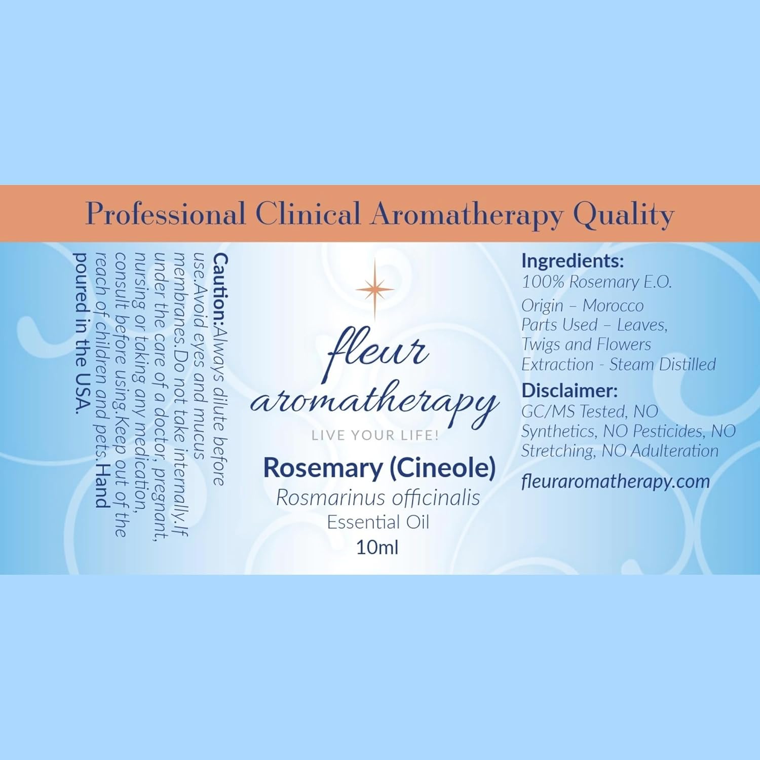 Rosemary (Cineole) Essential Oil 10ml – 100% Pure Rosmarinus officinalis – Steam Distilled – GC/MS Tested – Fresh, Herbaceous Aroma – Professional Clinical Aromatherapy Quality – Fleur Aromatherapy