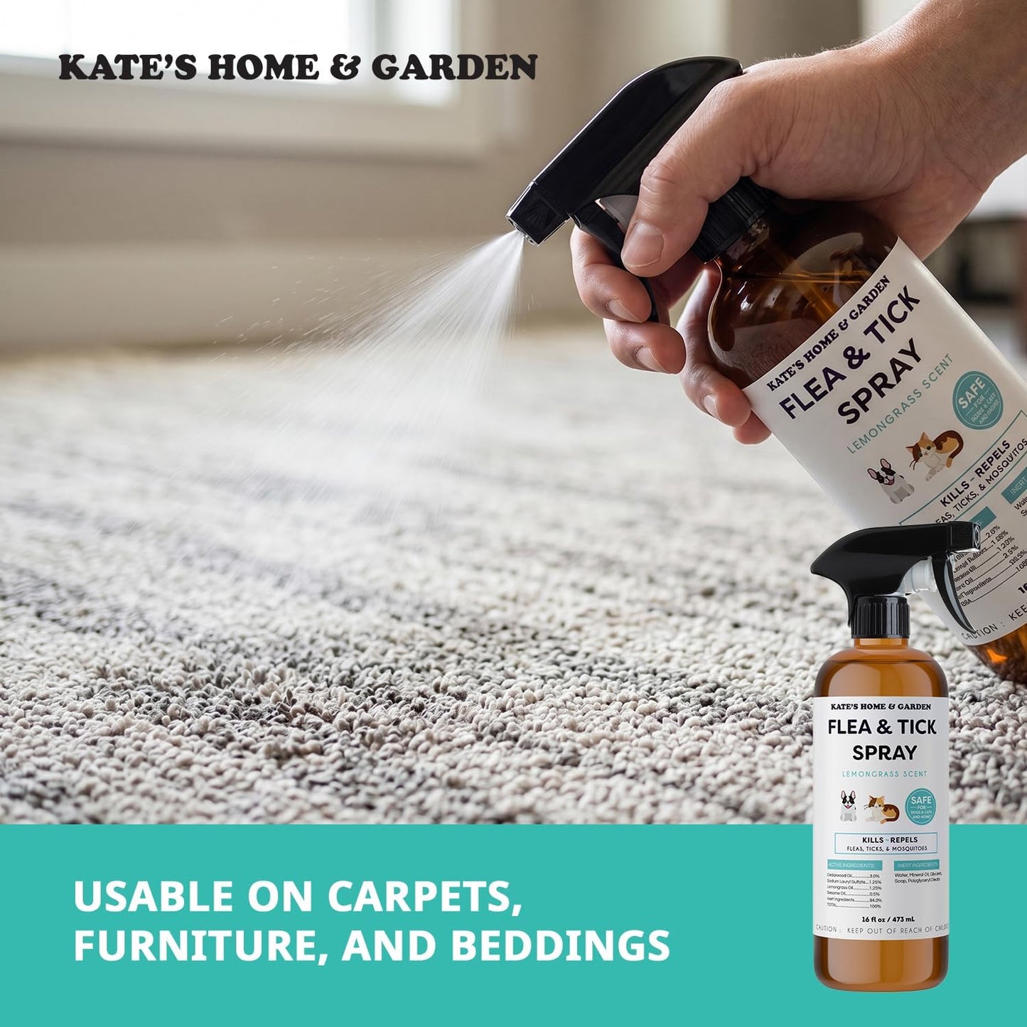 Kate's Home & Garden Flea and Tick Spray for Dogs and Cats – 16 oz Natural Lemongrass Flea Spray – Kills & Repels Fleas, Ticks, Mosquitoes – Pet Safe