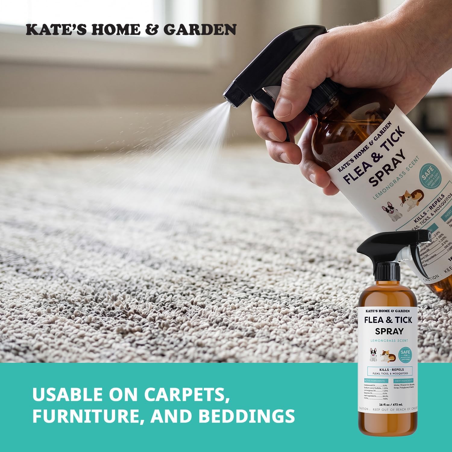 Kate's Home & Garden Flea and Tick Spray for Dogs and Cats – 16 oz Natural Lemongrass Flea Spray – Kills & Repels Fleas, Ticks, Mosquitoes – Pet Safe