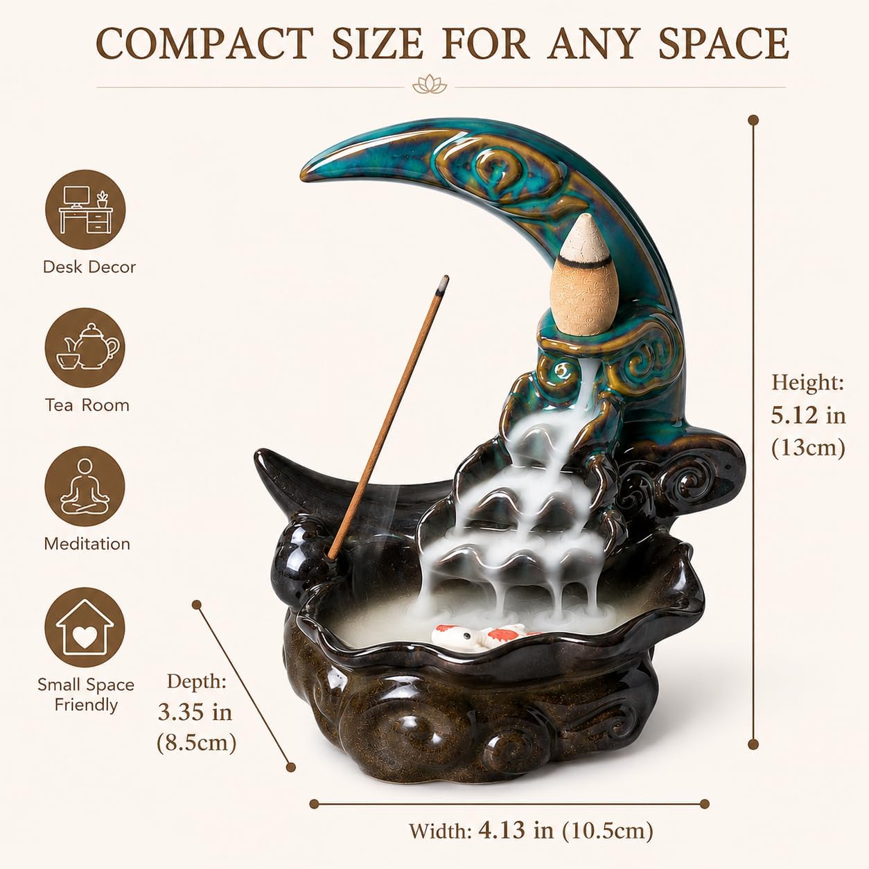 Ceramic Incense Holder Backflow Handcraft Moon Incense Burner with 30 Incense Cones 1 Tweezer 1 Mat 30 Incense Sticks for Home Decoration Ornament Aromatherapy and Meditation