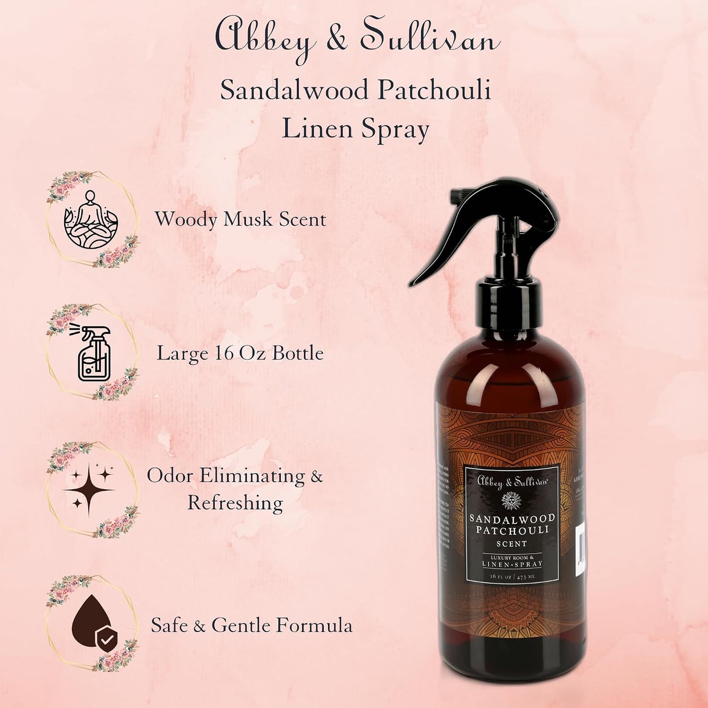 Abbey & Sullivan Linen Spray, Sandalwood & Patchouli, Warm and Earthy Odor Eliminating Scent, Pack of 2, 16 oz