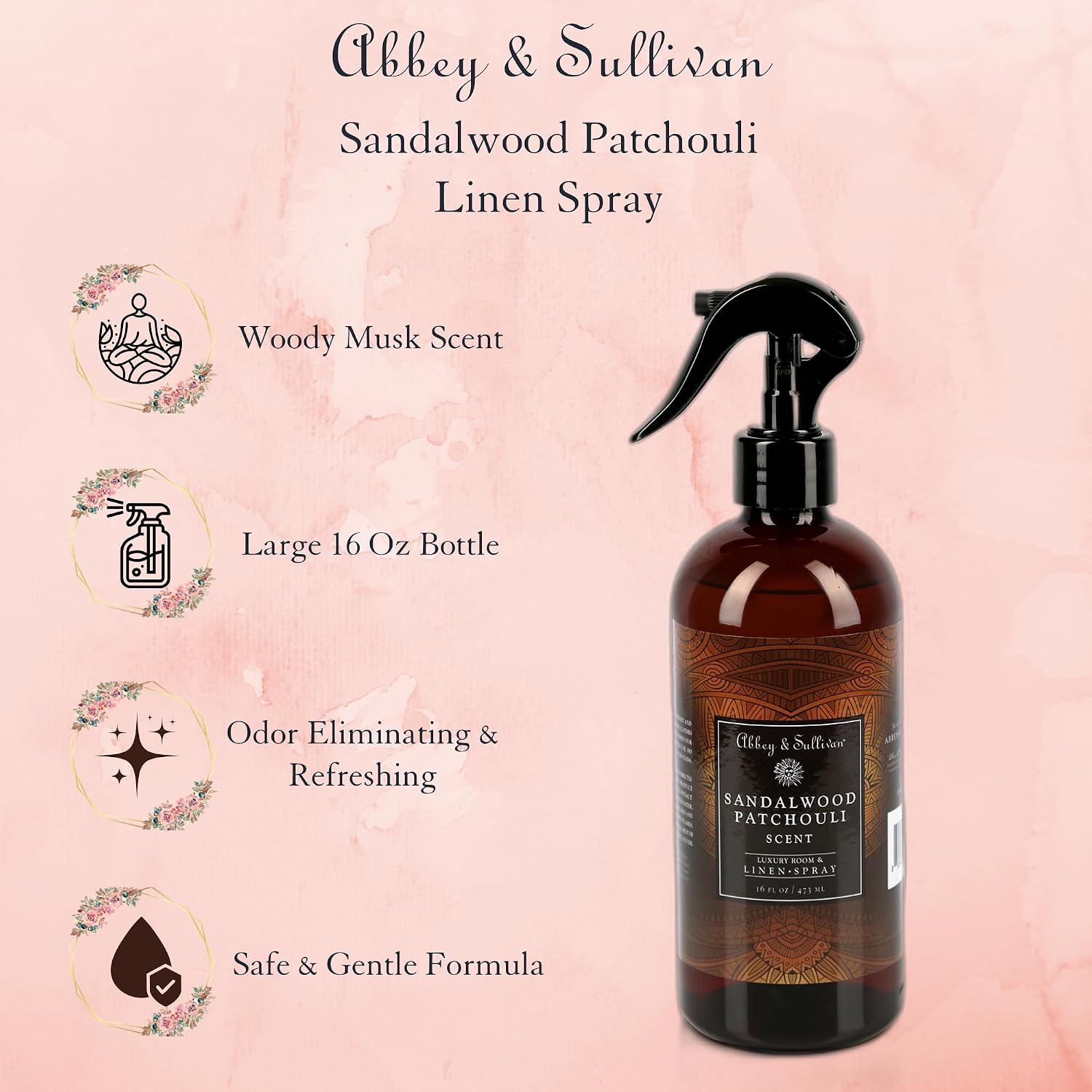 Abbey & Sullivan Linen Spray, Sandalwood & Patchouli, Warm and Earthy Odor Eliminating Scent, Pack of 2, 16 oz