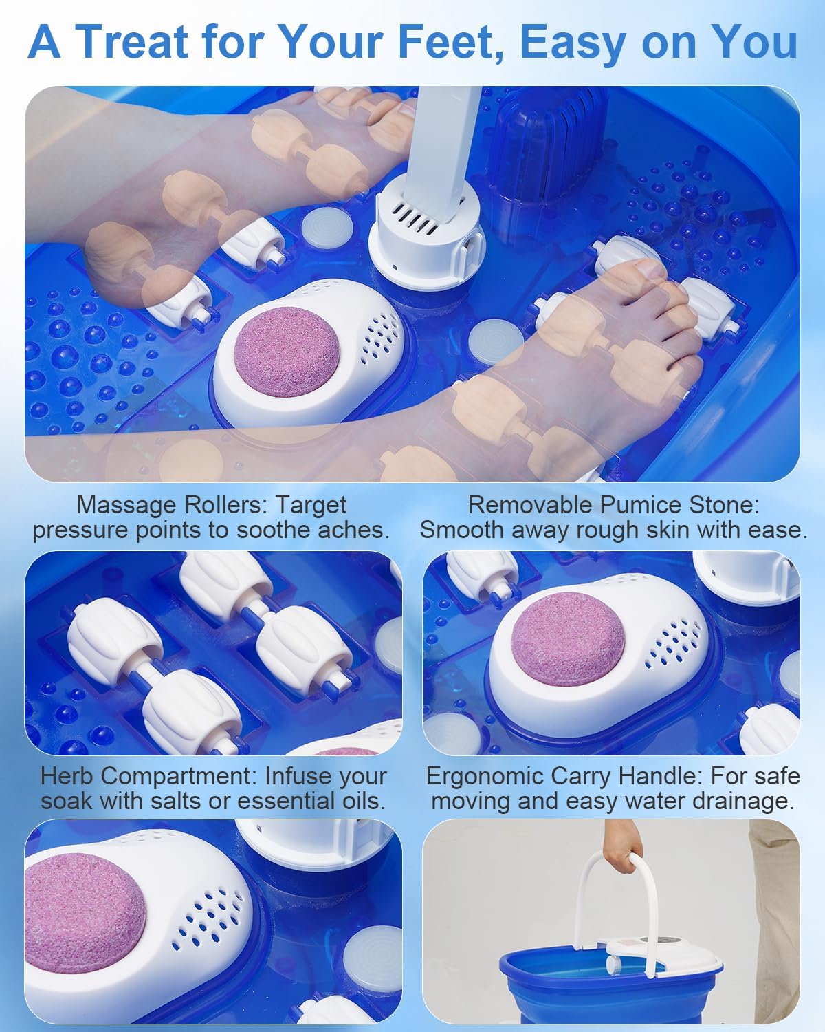 Collapsible Foot Spa Bath with Heat, Remote Control & 16 Massage Rollers, Fast Heating Pedicure Tub for Relaxing Tired Feet, Foot Soaker with Surf & Red Light, Fits Men Size 12 (Royal Blue)