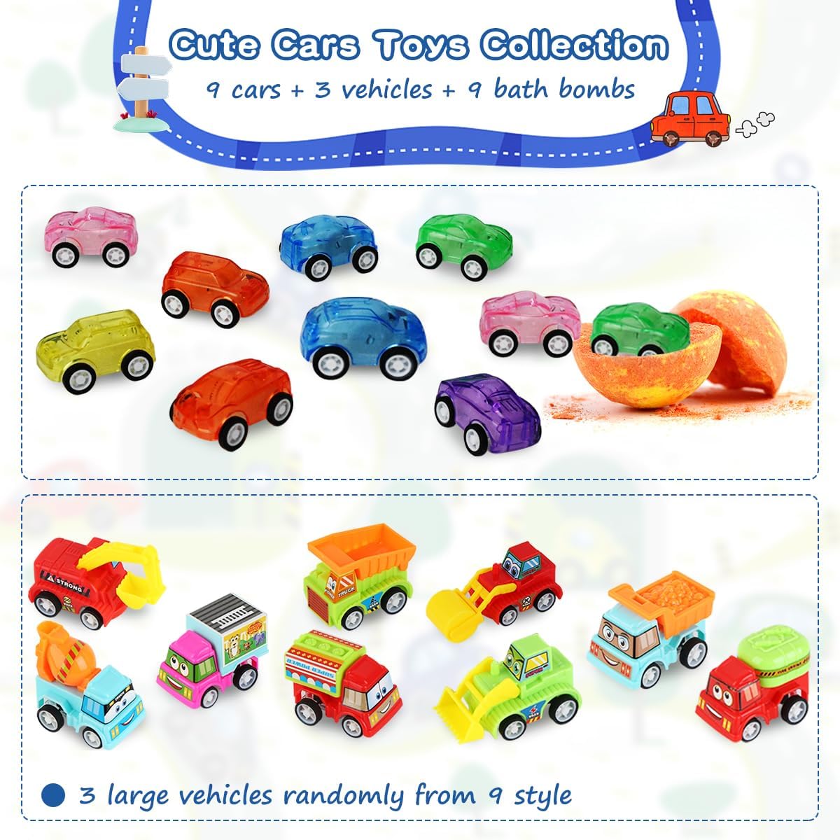 Bath Bombs for Kids with Toys Inside, Kids Bath Bombs for Boys Girls, 9-Piece Bathbombs Set Includes 9 Pull-Back Cars and 3 Vehicles, Halloween Christmas Birthday Gift Set for Children