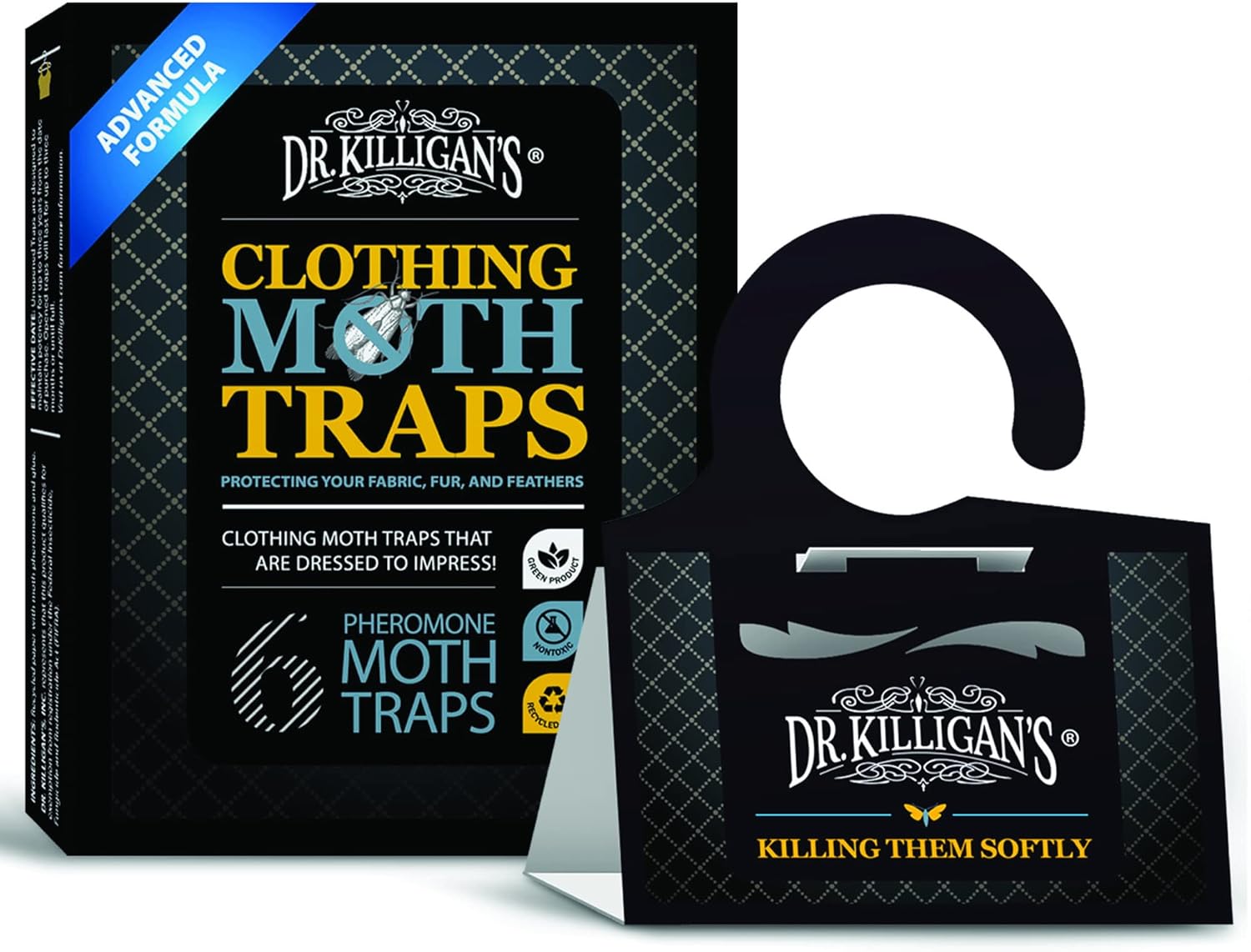 Dr. Killigan's Premium Clothing Moth Traps with Pheromones Prime | Non-Toxic Clothes Moth Trap with Lure for Closets & Carpet | Moth Treatment & Prevention | Case Making & Web Spinning (Black, 6 pack)