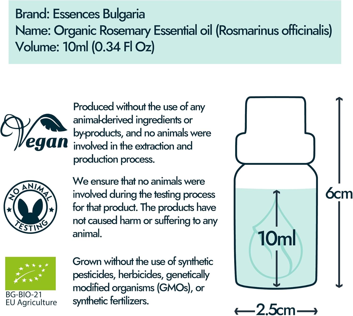 Essences Bulgaria Organic Rosemary Essential Oil 1/3 Fl Oz | 10ml | Rosmarinus officinalis | 100% Pure and Natural | Undiluted | Therapeutic Grade | Family Owned Farm | Steam-Distilled | Non-GMO