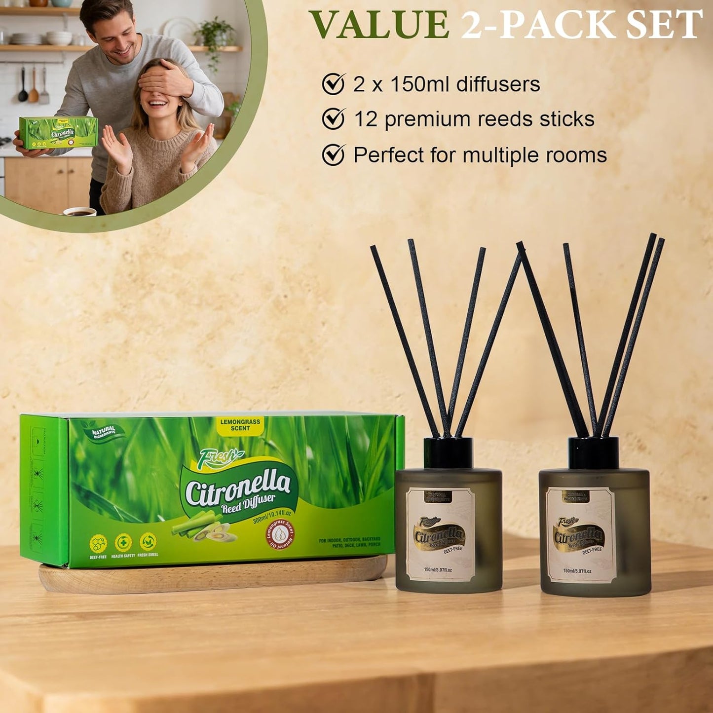 SCENTORINI Citronella Reed Diffuser Set, Summer 10 oz Natural Lemongrass Essential Oil with 12 Sticks, Long Lasting Home Fragrance for Bedroom, Bathroom, Patio, Camping, Courtyard, Pool, Outdoor Use