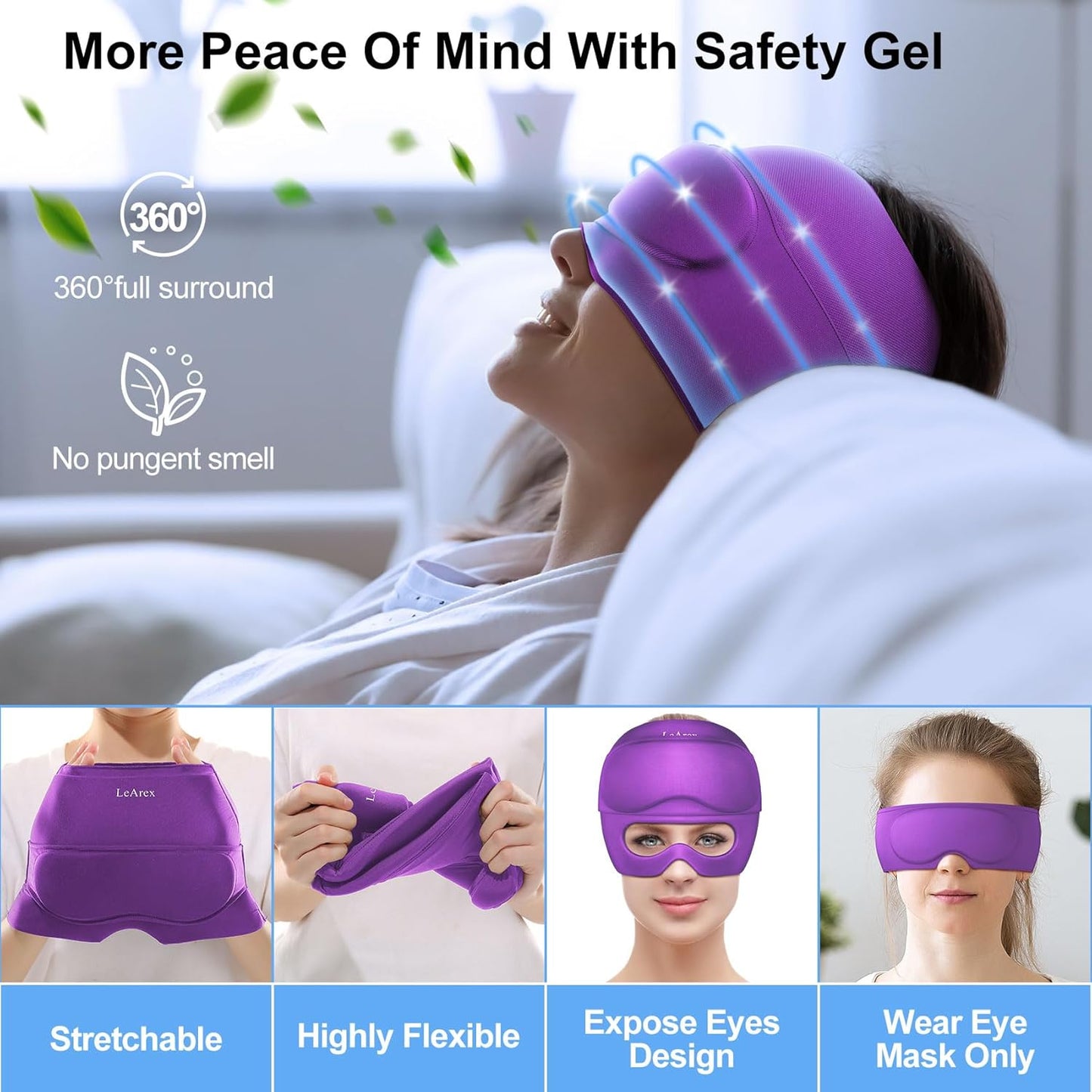 2 in 1 Migraine Relief Cap with Gel Eye Mask, Headache Relief Cap Ice Head Wrap Hot and Cold Therapy Hat Gift for Women for Headache Puffy Eyes Sinus and Tension Stress Relief (Purple)