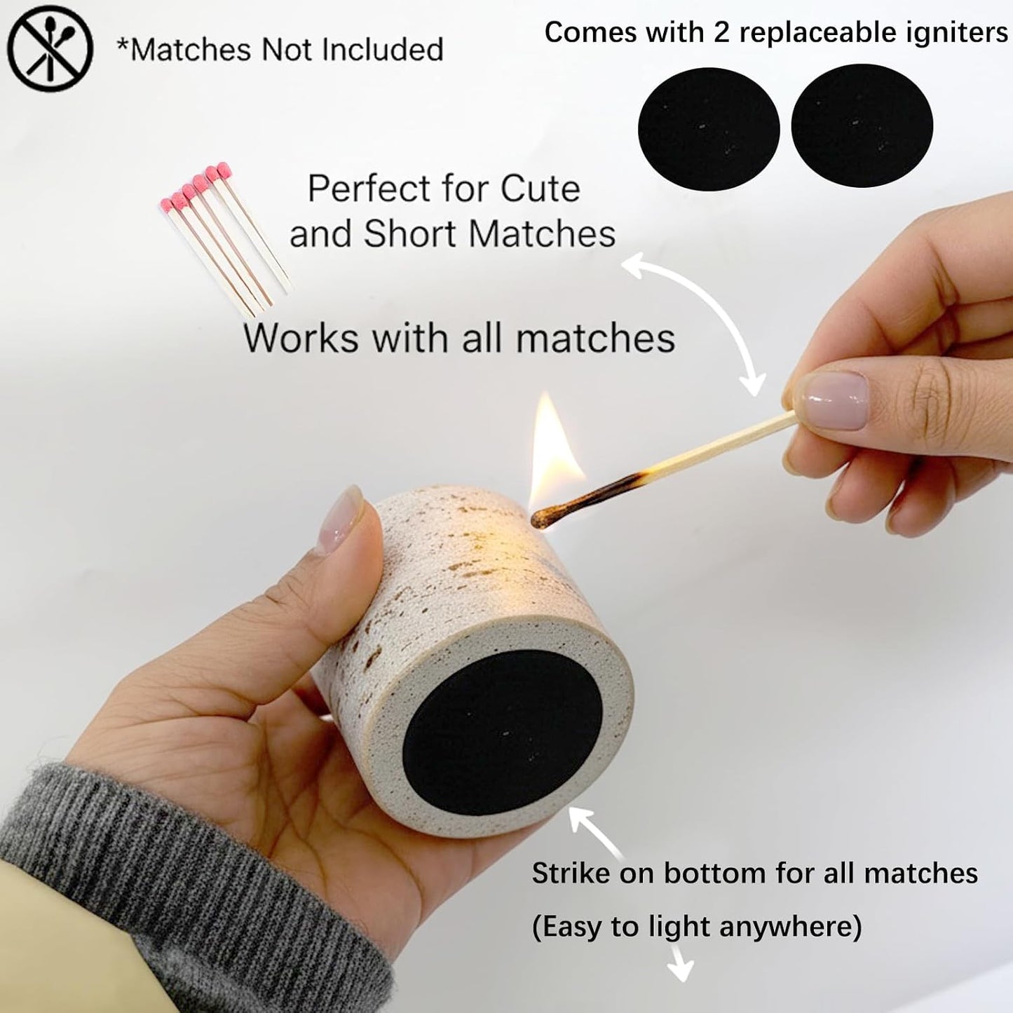 Matches in a Jar with Striker - Natural Travertine Match Holder with 2 Replacement Pads, Decorative Jar for Bathroom Candle Fireplace Parlor, Unique Organic Modern Home DecorGift(Matches Not Included)