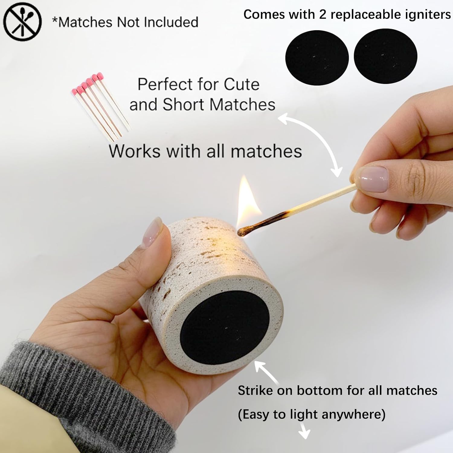 Matches in a Jar with Striker - Natural Travertine Match Holder with 2 Replacement Pads, Decorative Jar for Bathroom Candle Fireplace Parlor, Unique Organic Modern Home DecorGift(Matches Not Included)