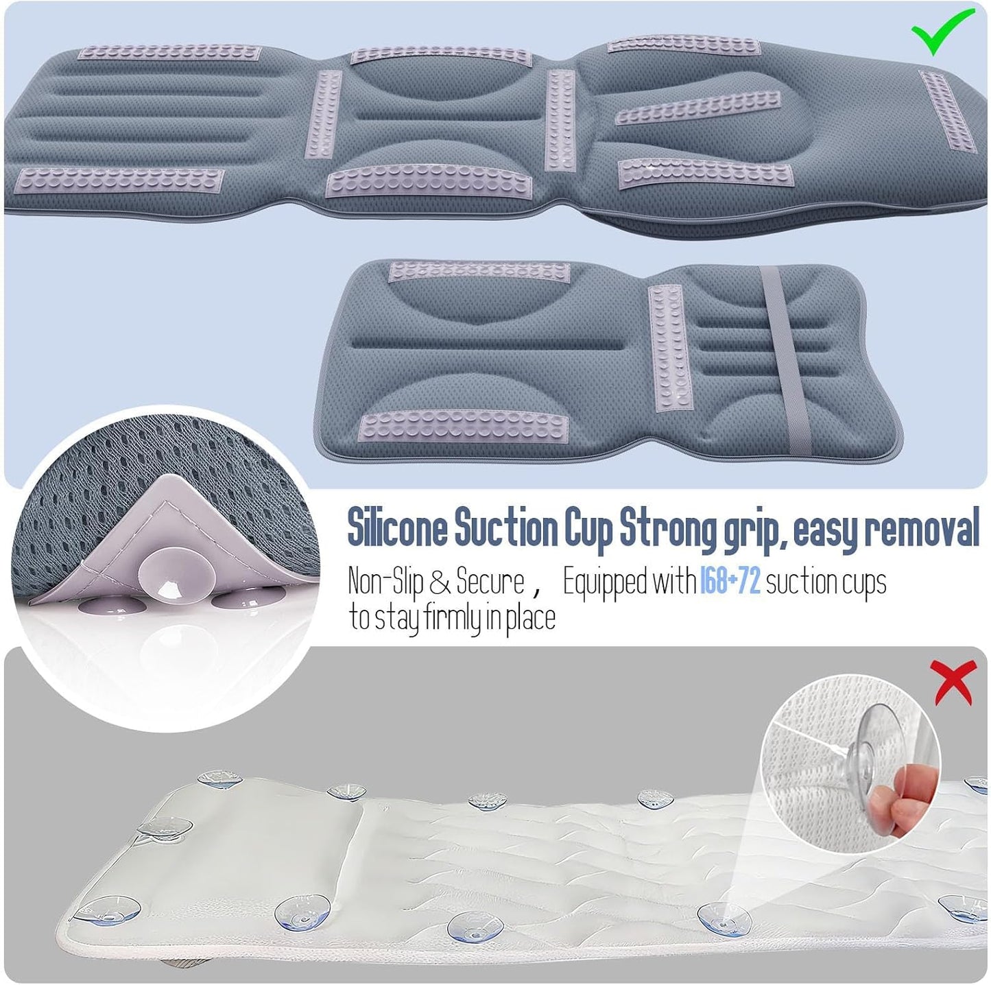 Luxury Full Body Bathtub Pillow 6D Air Mesh,Extra Long Bath Pillow for Tub Non Slip,Soft Relax Tub Pillow for Bath Head Neck Back Waist Support,Large Thick Spa Bathtub Cushion (Gray)