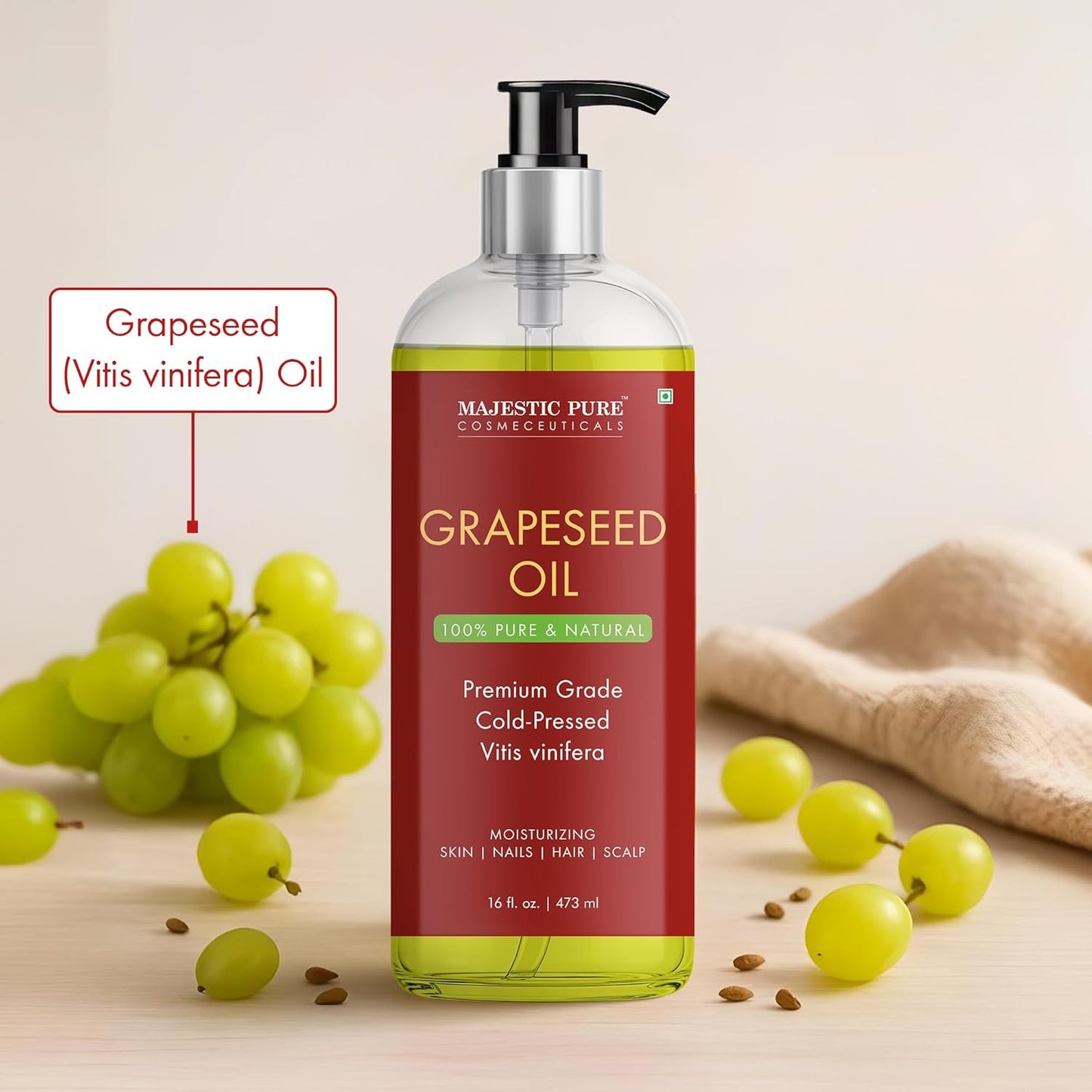 Majestic Pure Grapeseed Oil - 100% Pure & Natural - Premium Grade, Cold-Pressed, Hexane-Free Carrier Oil for Skin, Hair and Body - Moisturizing Skin, Hair and Scalp - 16 Fl Oz