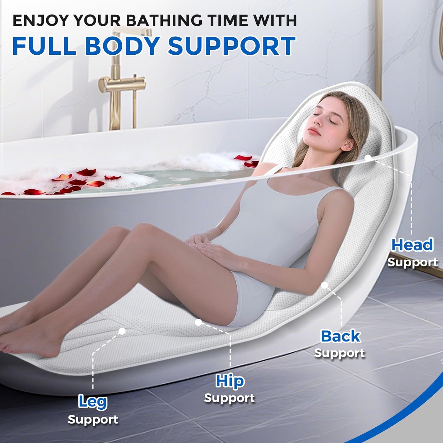52" x 16" Full Body Bath Pillow for Bathtub, Luxury Bathtub Cushion with 192 Suction Cups and Soft 5D Mesh Fabric, Bath Tub Pillows for Head and Neck, Relaxing Tub Accessories for Women