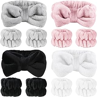 SLNZAPTY 12 PCS Face Wash Headband Wristband Sets for Women and Girls | Soft Microfiber Spa Hair Wraps, Makeup Skincare Bath Headbands, Wrist Bands for Washing Face, White, Pink, Gray, Black