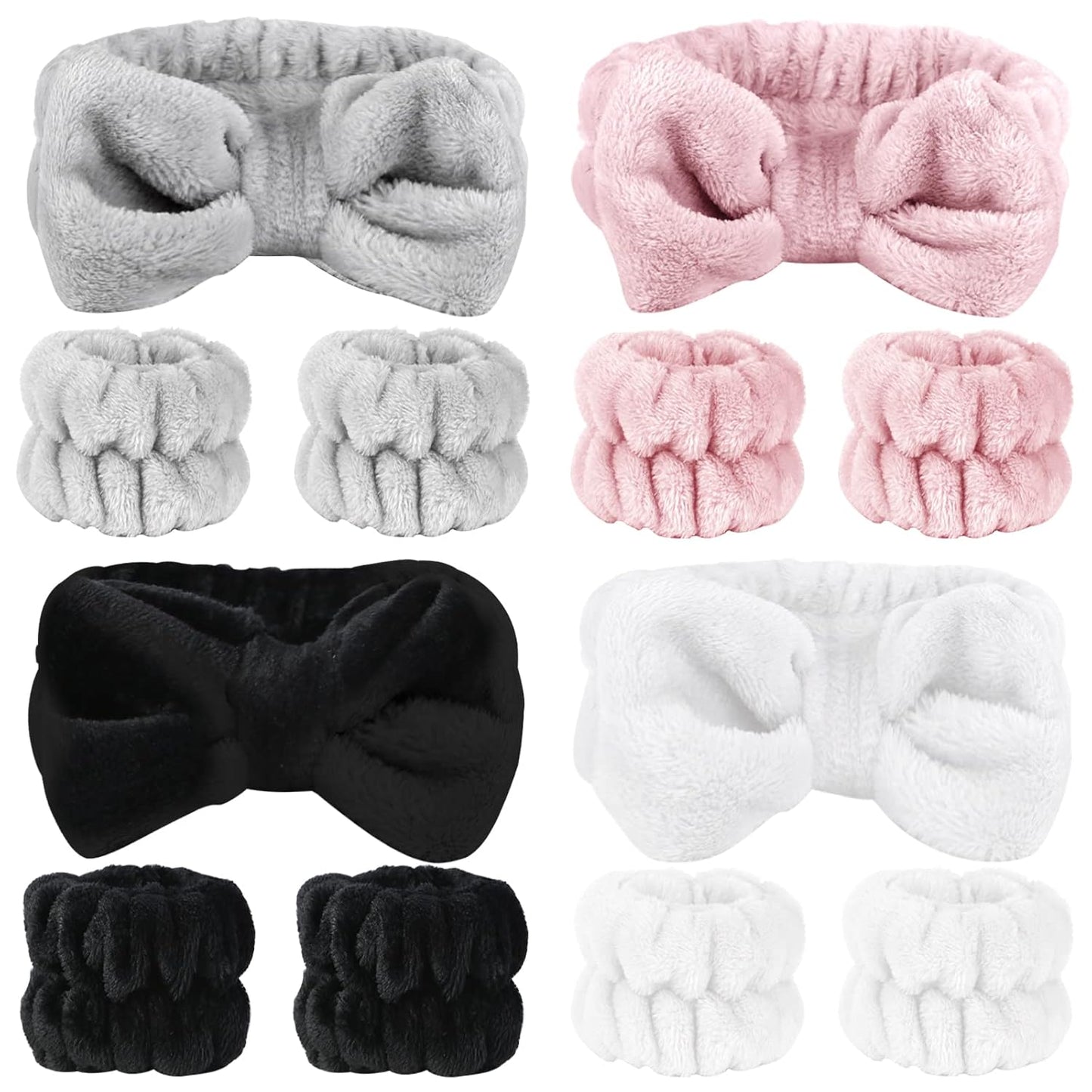 SLNZAPTY 12 PCS Face Wash Headband Wristband Sets for Women and Girls | Soft Microfiber Spa Hair Wraps, Makeup Skincare Bath Headbands, Wrist Bands for Washing Face, White, Pink, Gray, Black