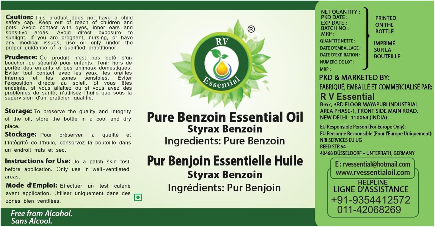 R V Essential Pure Benzoin Essential Oil 30ml (1.01oz)- Styrax Benzoin (100% Pure and Natural Steam Distilled)