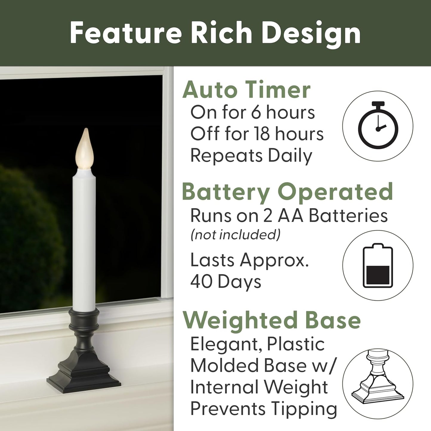 612 Vermont LED Battery Operated Window Candles with Timer, Bright Hot Spot, VT-1506A-4 (Pack of 4, Antique Bronze)