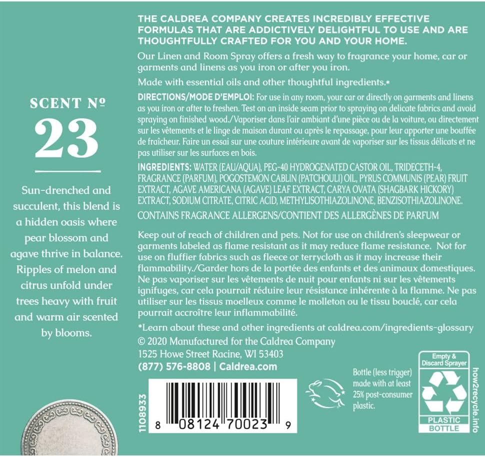 Caldrea Linen and Room Spray Air Freshener, Made with Essential Oils, Plant-Derived and Other Thoughtfully Chosen Ingredients, Pear Blossom Agave Scent, 16 oz