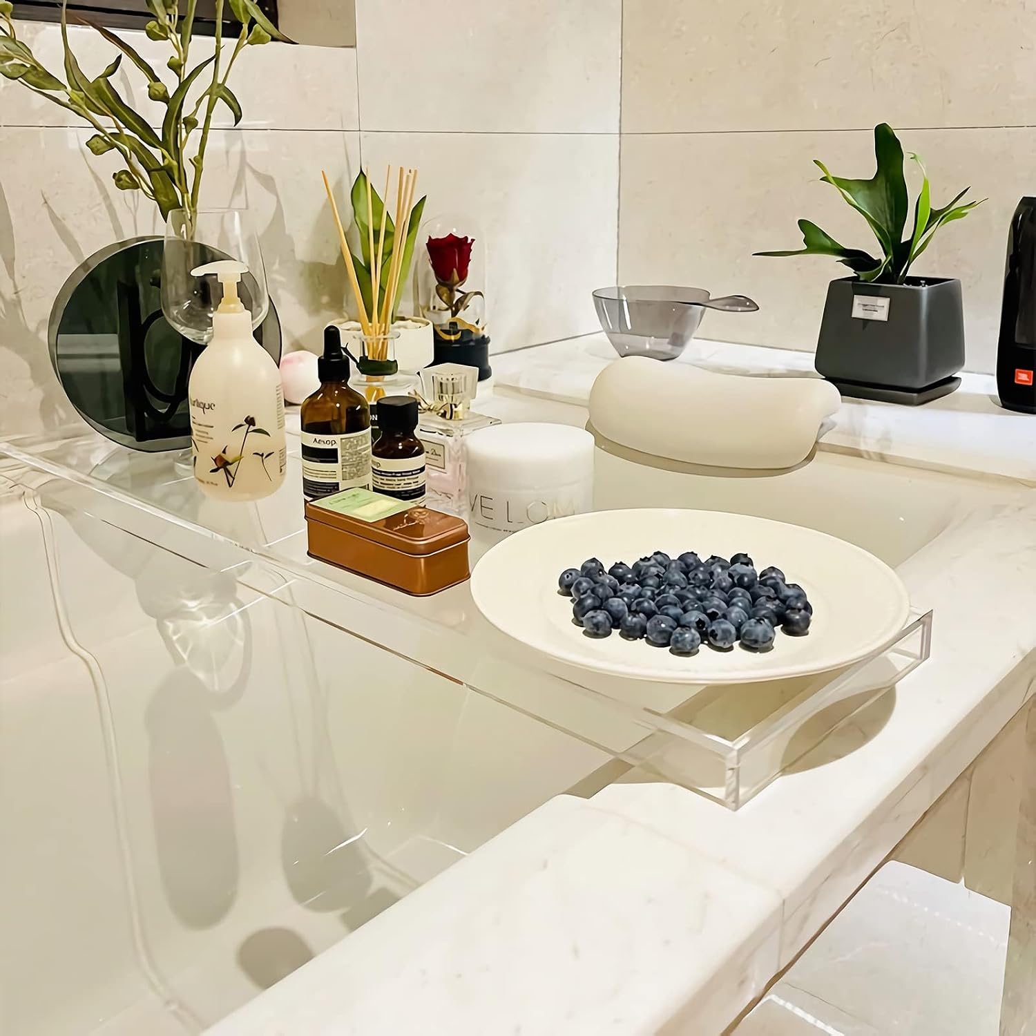 Bathtub Tray Table, Clear Acrylic, Anti-Slip Bath Caddy, 32.3 * 7.87 * 1.18in