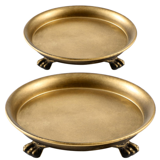 Zonon 2 Pack Brass Color Metal Clawfoot Dish Pedestal Dish Candle Tray Round Clawfoot Candle Holder Decorative Jewelry Stand