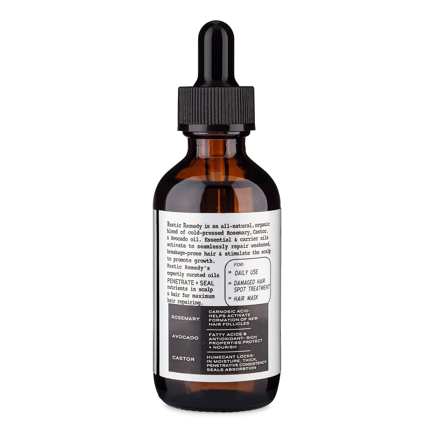 100% Organic, Cold-Pressed Rosemary, Castor and Avocado Oil | Growth & Frizz Repair Treatment (2 oz) | 100% Natural, Pure Oil for Dry Damaged Hair for Women and Men