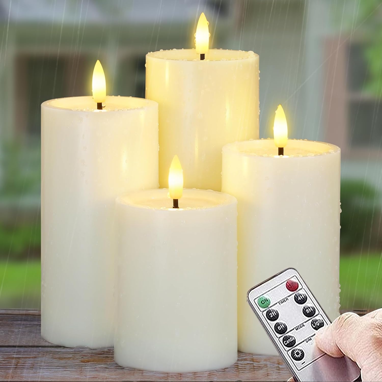 Yeelida Outdoor 4pcs Flameless Waterproof Candles with Handy Remote Control, Cycle Timer Battery Operated Candle Grease Effect LED Flickering Pillar Plastic Long Lasting (Ivory, 3" x4" 5" 6" 7")