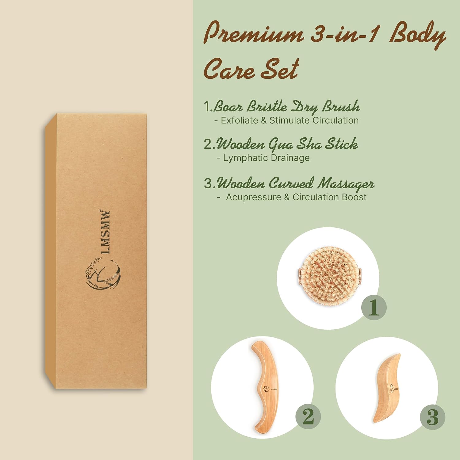 Dry Body Brush Set for Lymphatic Drainage, Round Boar Bristle Dry Brushing Body Brush with Strap, Wood Therapy Kit with Wooden Acupressure Massage Tools for Face Body Gua Sha Sculpting