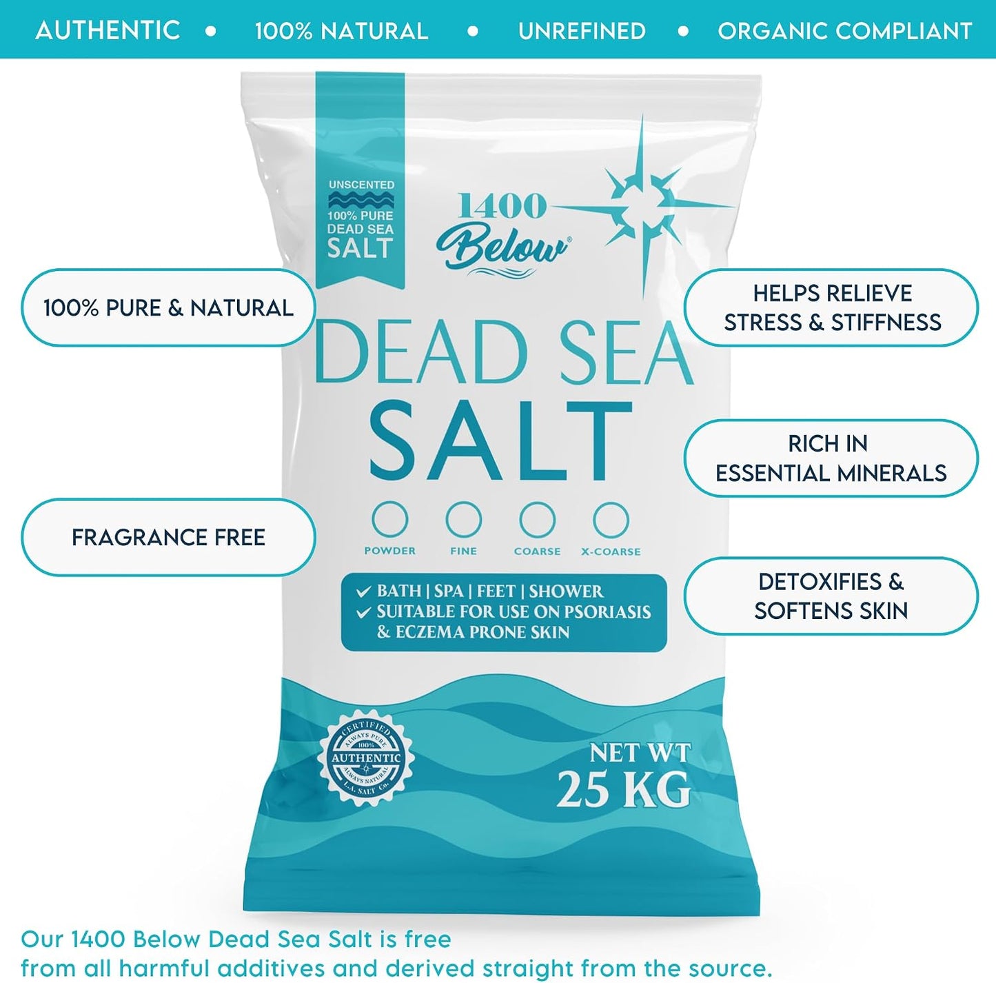 LA Salt Co.'s 100% Pure and Natural Dead Sea Salt Bulk 55 lb Bag, Fine Grain
