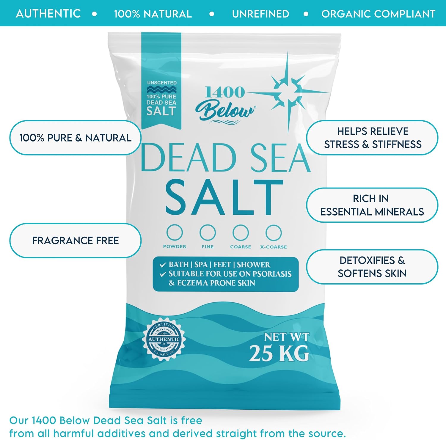 LA Salt Co.'s 100% Pure and Natural Dead Sea Salt Bulk 55 lb Bag, Fine Grain
