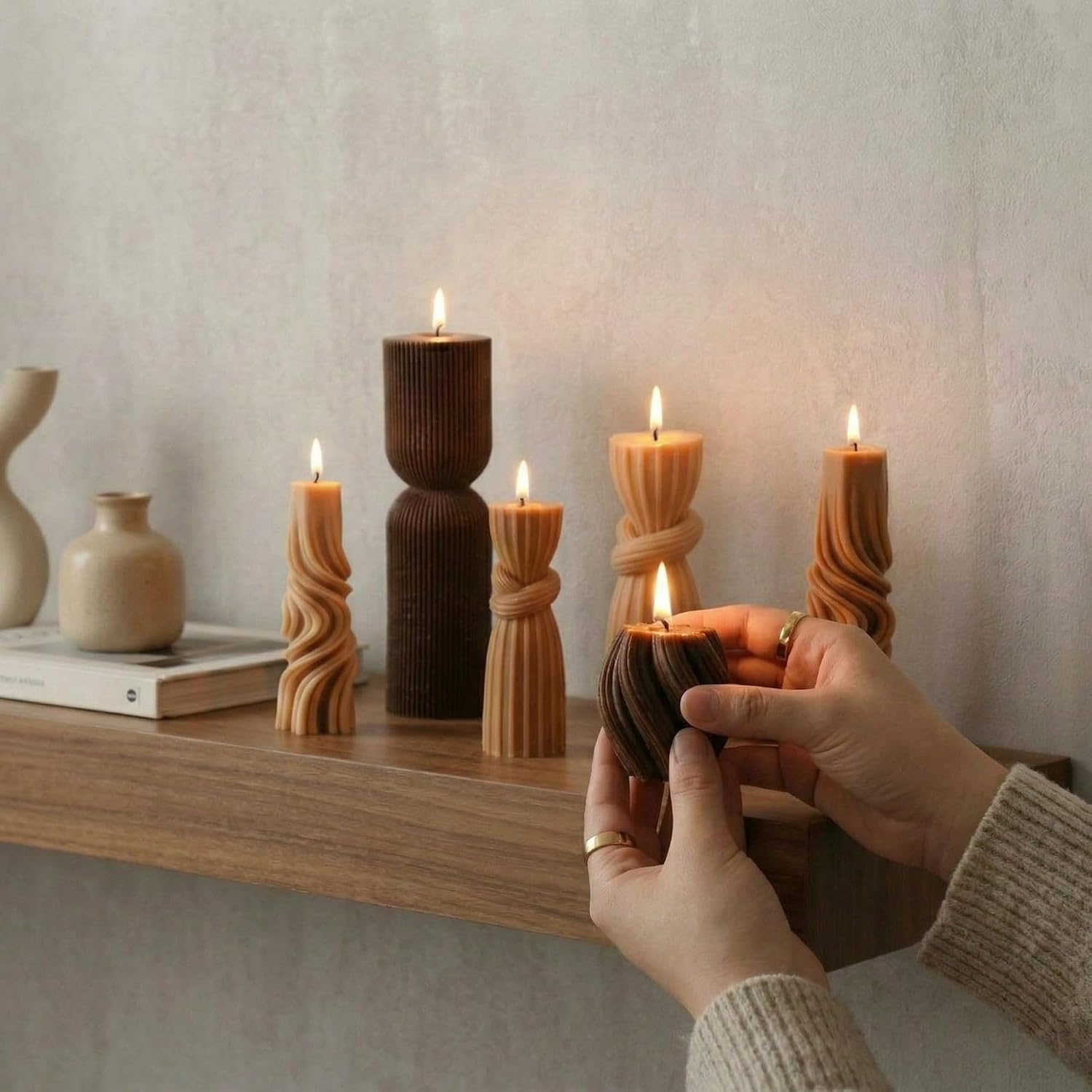 Threlaco 6 Pcs Pillar Candles Decorative Modern Aesthetic Ribbed Candle Set Cute Soy Wax Scented Ribbed Decor Valentine's Commemorative Gift for Home Decoration(Brown,2.36-6.89 Inch)