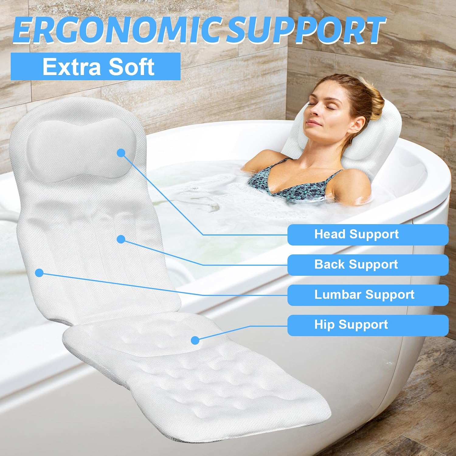 Full Body Bath Pillow for Bathtub, Thick Bathtub Cushion for Soaking Tub with Suction Cups Ergonomic Luxury 3D Mesh Spa Bath Mat with Laundry Bag and Scraper for Neck and Back, 51"x15", White
