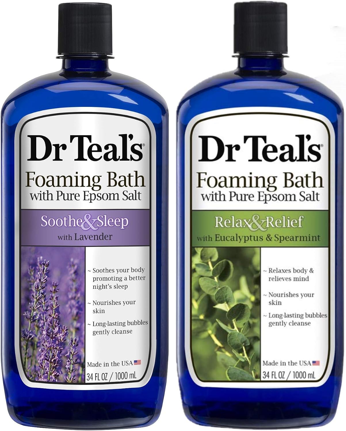Dr Teal's Foaming Bath Variety Gift Set (2 Pack, 34oz ea.) - Soothe & Sleep Lavender & Relax & Relief Eucalyptus & Spearmint - Pure Epsom Salt & Essential Oils Alleviate Stress & Clear the Mind